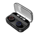 Black X11 wireless Bluetooth earbuds with charging case and six silicone ear sleeves on a white background.