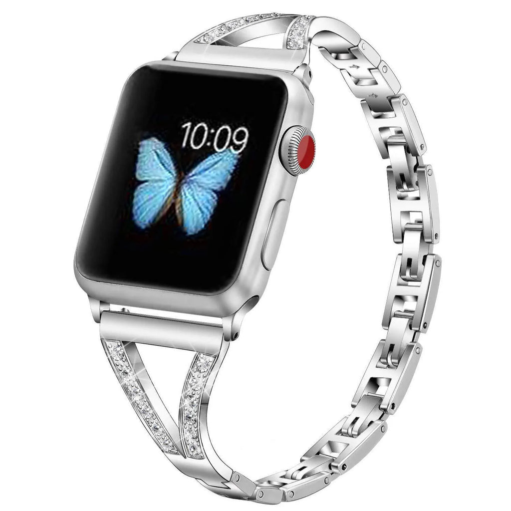 Zinc alloy herringbone diamond pattern Apple Watch strap in silver on a wrist.