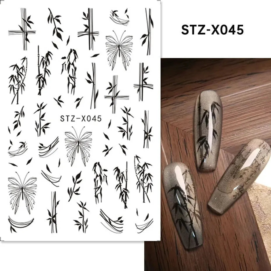 Cartoon love pattern nail art sticker decals in black and silver colours on a plastic sheet.