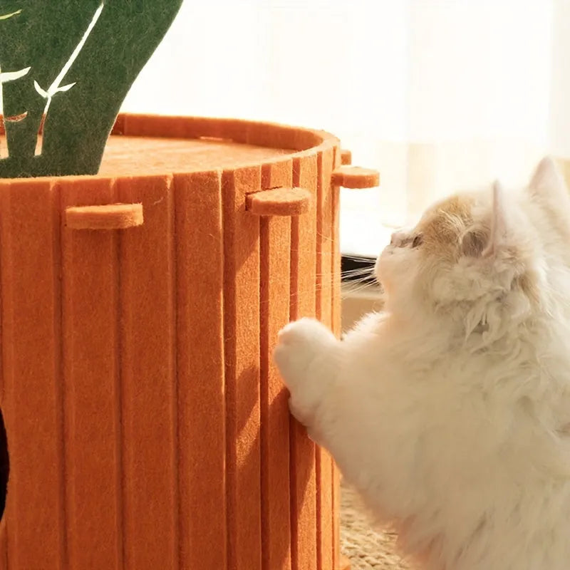 Carrot-shaped grey felt cat tunnel nest, semi-enclosed with drilled openings, shown in two sizes.