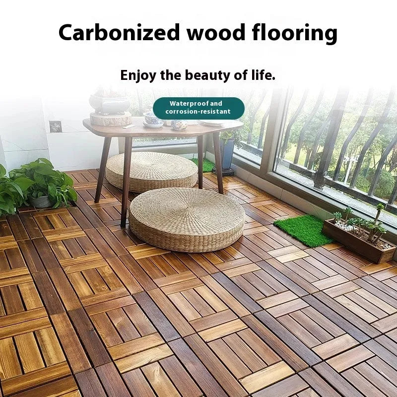 Camphor pine wood flooring tiles with brushed finish in 30x30cm dimensions for indoor and outdoor use
