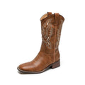 Brown women's embroidered mid-calf Martin boots with leather lining and square heel