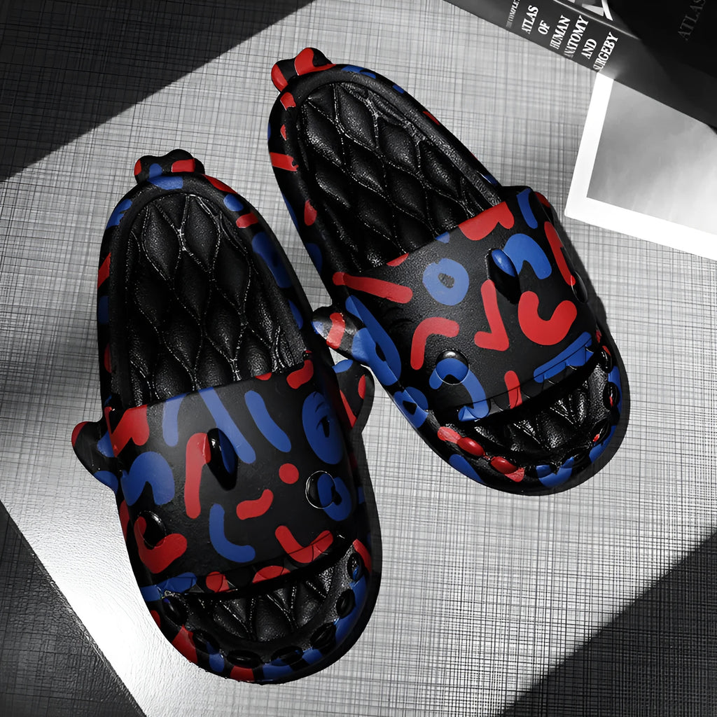 Shark design open-toe home slippers in EVA material on a white background.