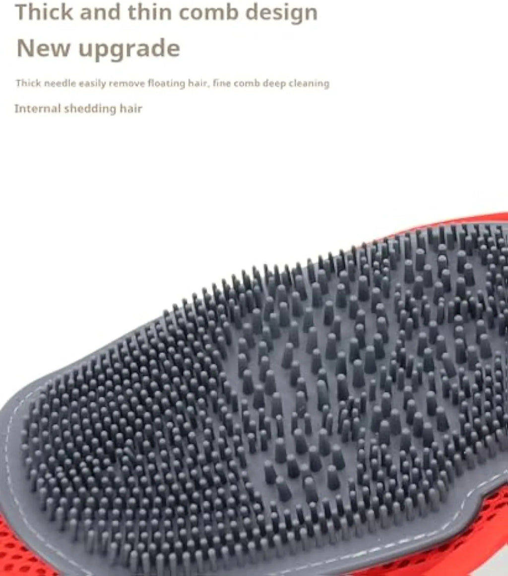 Red pet bathing glove with integrated cleaning brush for dog or cat grooming
