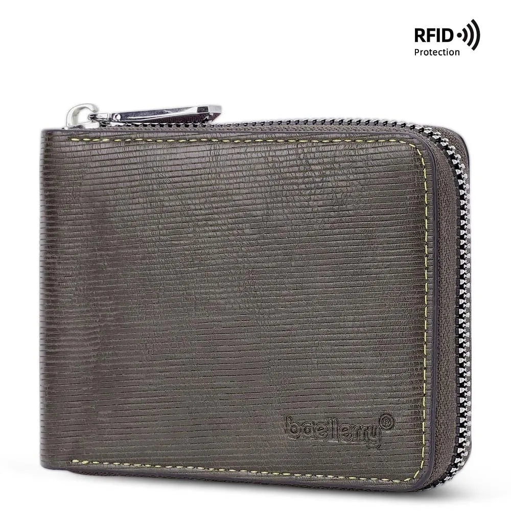 Black PU leather anti-theft zipper wallet with embossed pattern and credit card slots.