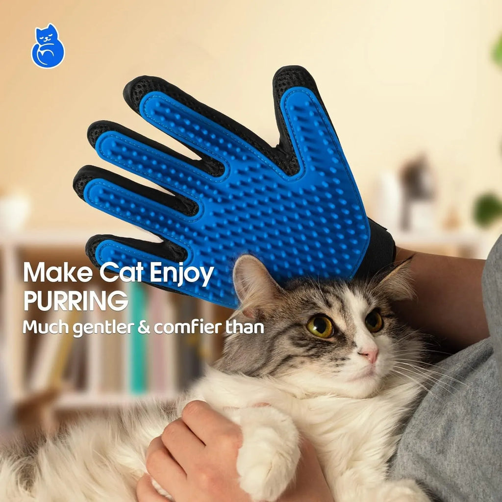 Blue pet grooming gloves with silicone tips for dog and cat hair removal during brushing and bathing