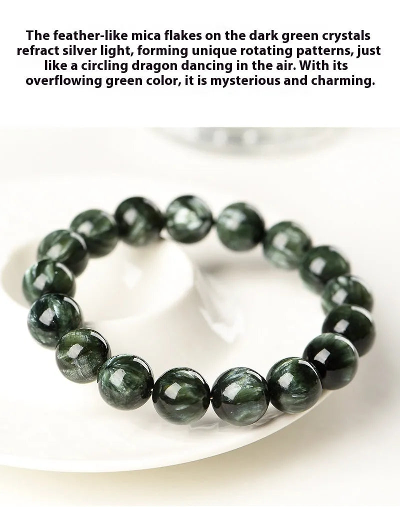 Natural green dragon crystal bracelet with 8-9mm geometric beads and ruyi design