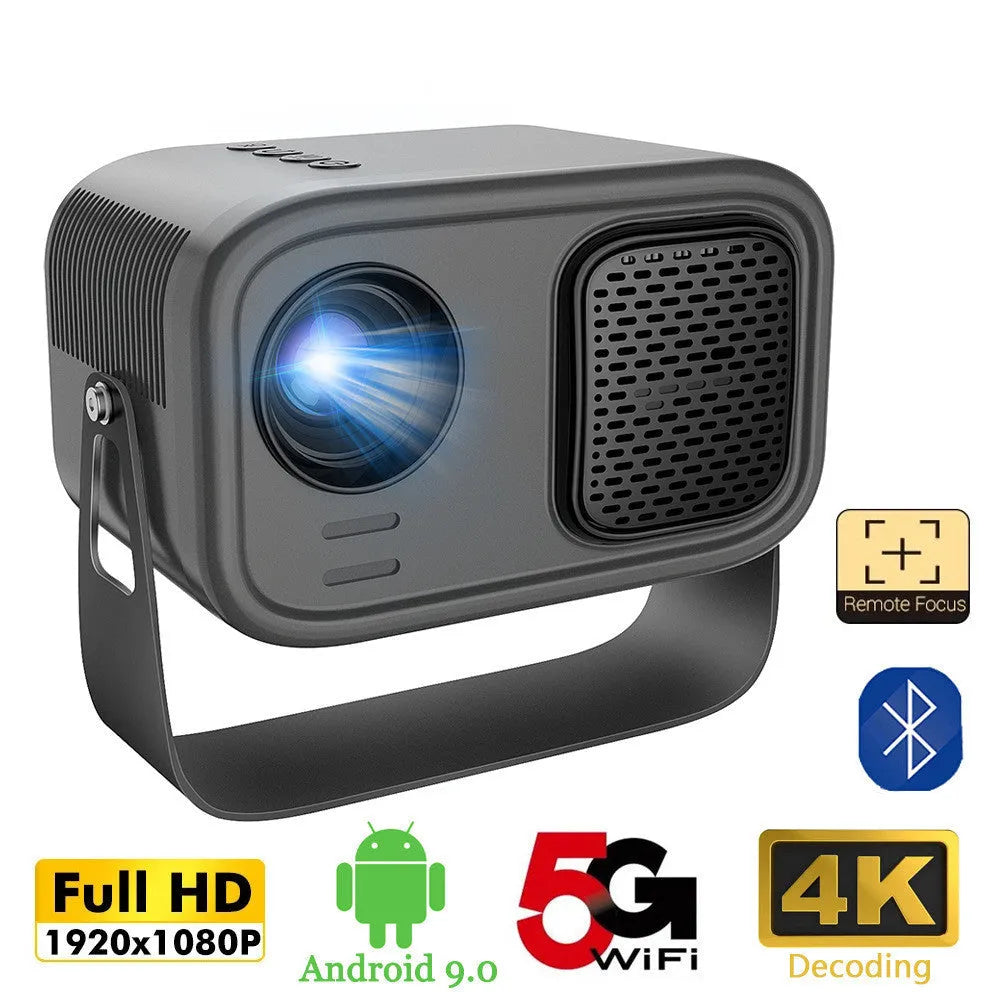 Black portable HD projector with Android interface and remote control on desk