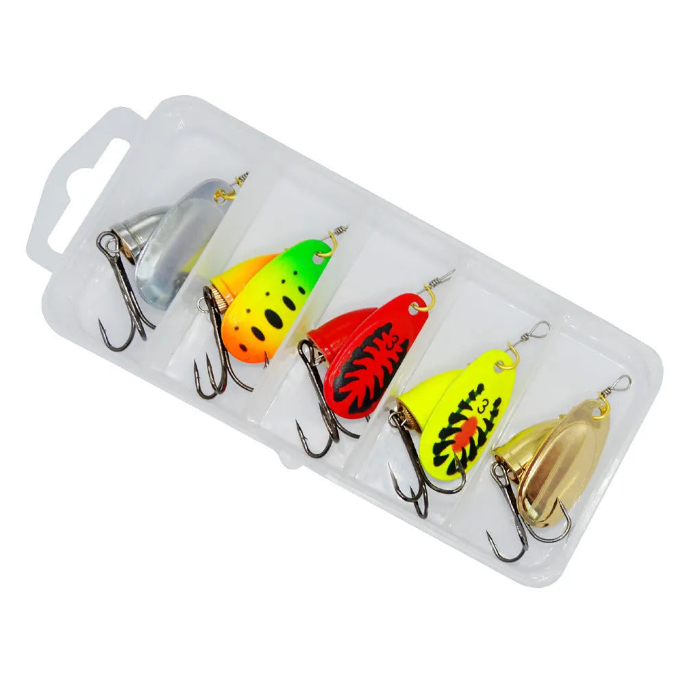 R composite metal fishing lure with copper bell and rotating sequin skirt in multiple colour options