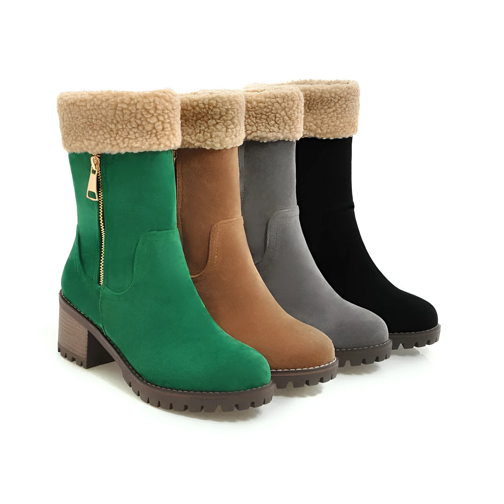 Snow boots with plush lining and rubber insole in black, grey, green, or orange colours