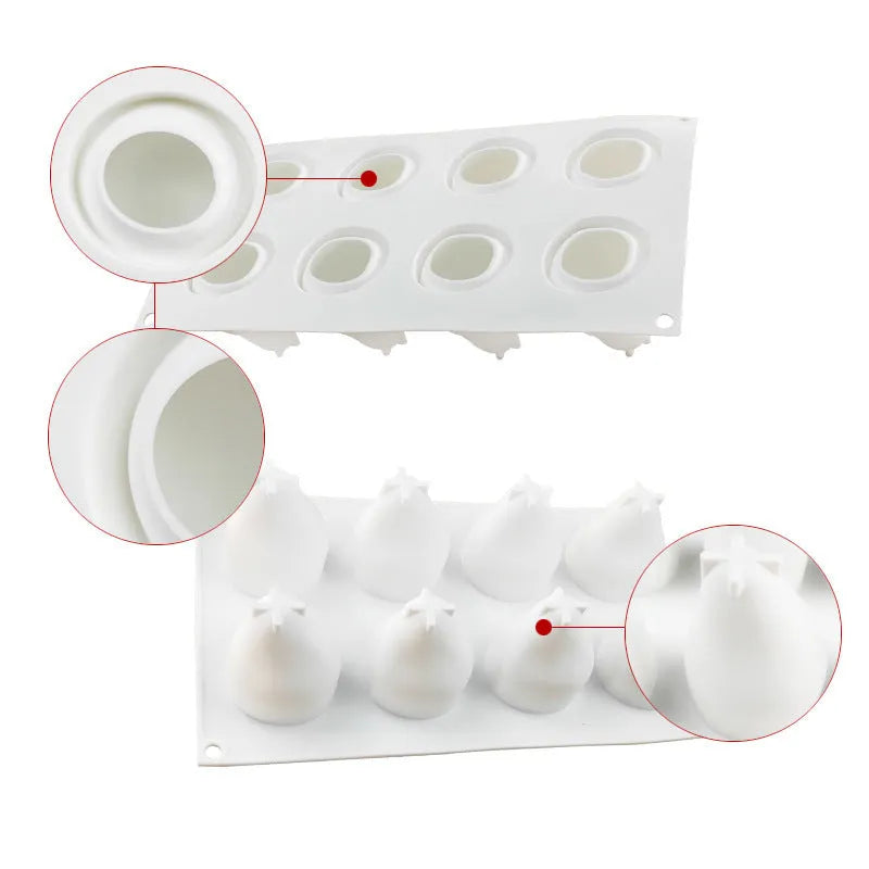 Set of six silicone baking moulds showing pineapple, pine cone and pear shapes for dessert making