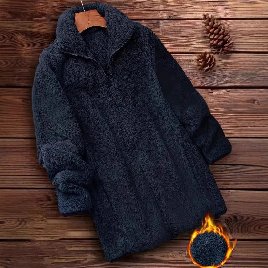 Double-sided velvet fleece jacket in black, navy, or khaki on a hanger