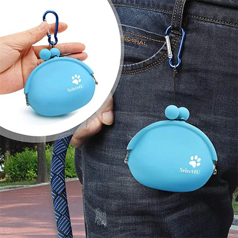 Silicone dog treat pouch with hook and loop closure in yellow, green, orange, blue, and pink for pet training