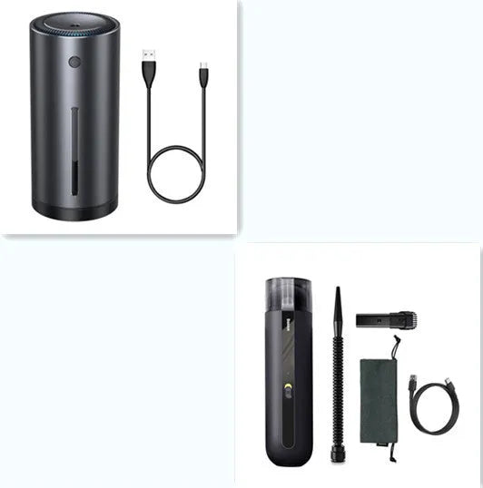 Baseus handheld cordless car vacuum cleaner in black, white, or green with blowing hose attachment.
