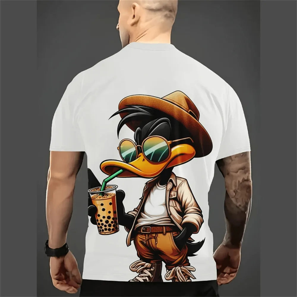 Men's loose short sleeve pullover with 3D cartoon print in thin milk silk and linen fabric for summer casual wear