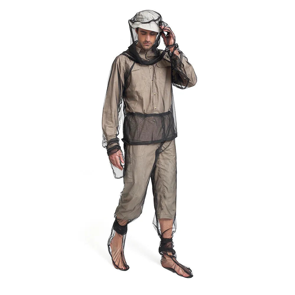 Four-piece anti mosquito suit set with hooded top, trousers and booties for outdoor protection