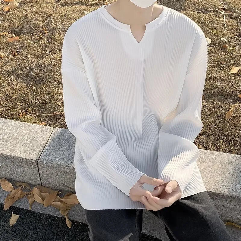 Plus size women's striped texture pullover top with long sleeves in loose fit