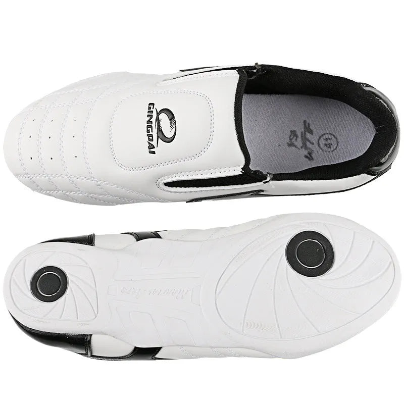 Black and White children's martial arts training shoes with soft bottom construction