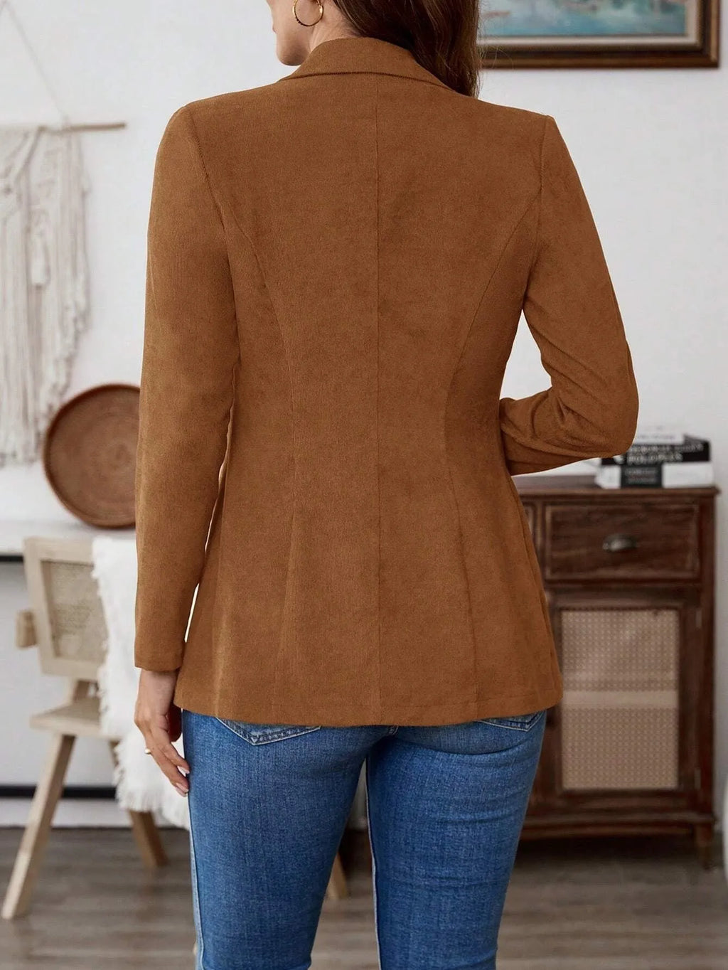 Brown single-breasted leisure suit coat for men with lapel collar and long sleeves made from polyester elastane blend