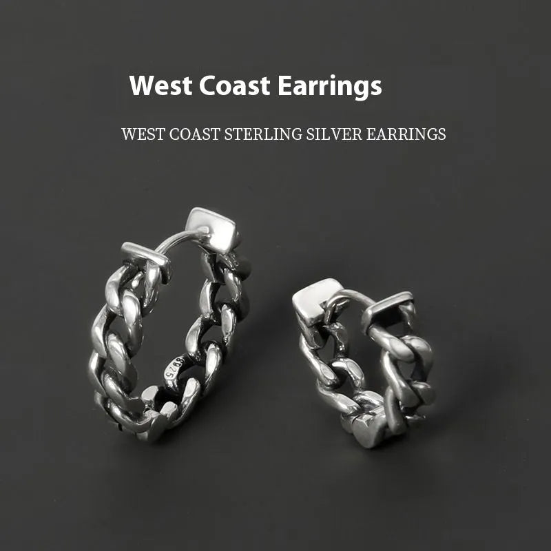 Silver geometric men's earrings made from copper, shown in 10mm and 14mm sizes as both single pieces and pairs.