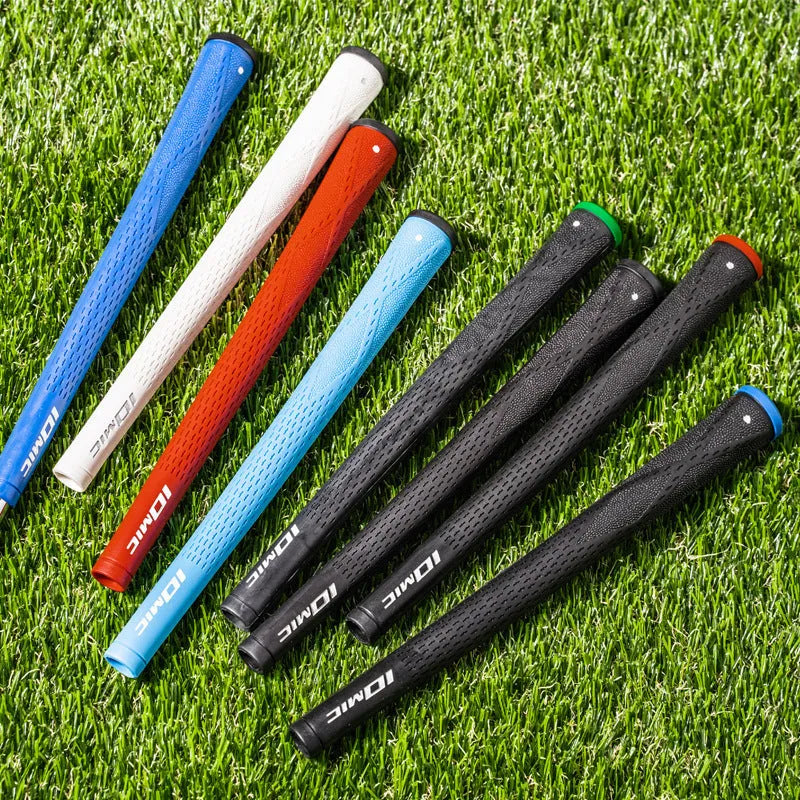 TPE material golf club grip shown in various colour options including pink, red, blue, and two-tone black.