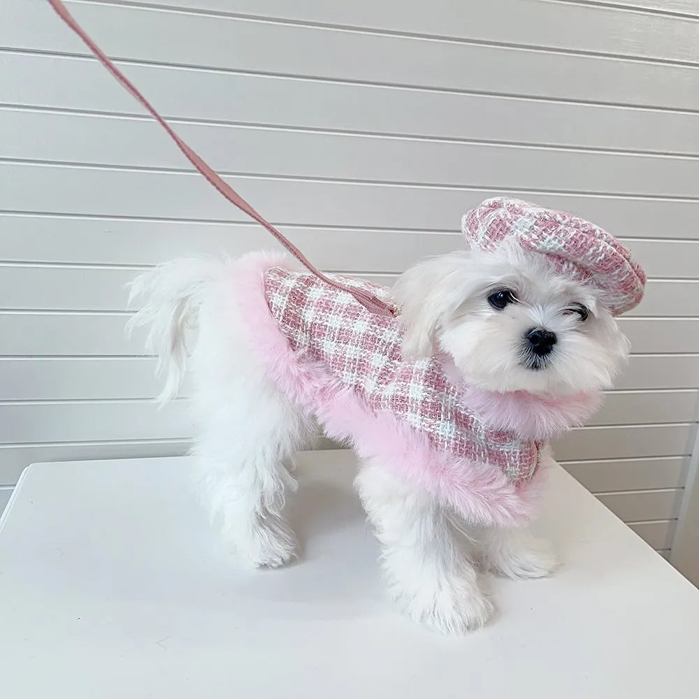 Pink cat costume set with beret and cloak for female cats