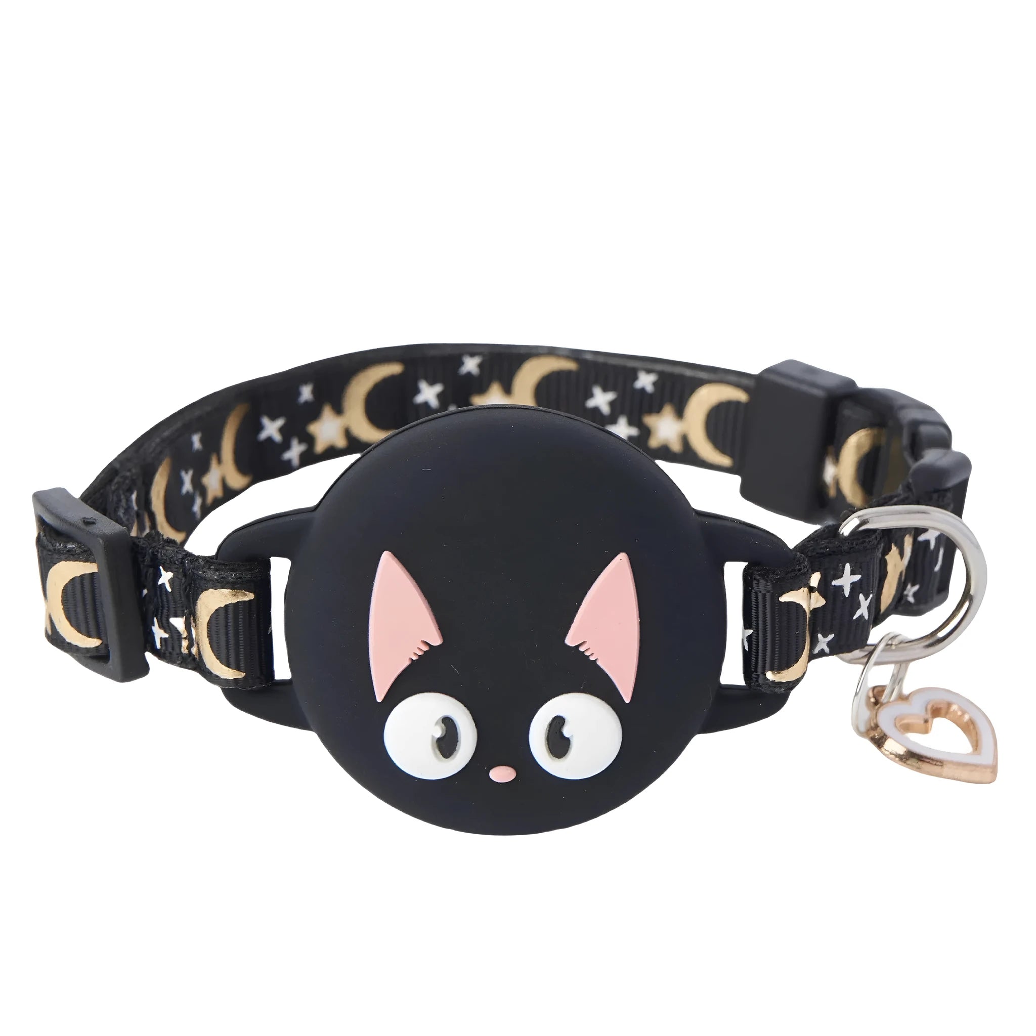 Plastic Apple AirTag protective case for cat collars in pink, showing adjustable sizing.