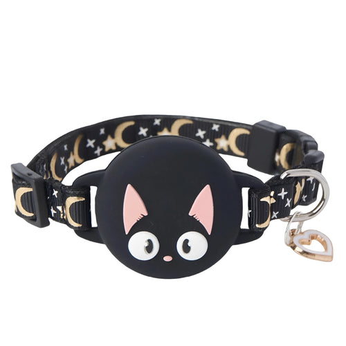 Plastic Apple AirTag protective case for cat collars in pink, showing adjustable sizing.