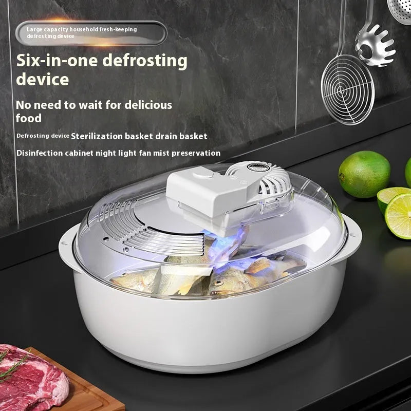 Aluminium household quick defrosting plate on a kitchen countertop with a USB cable.