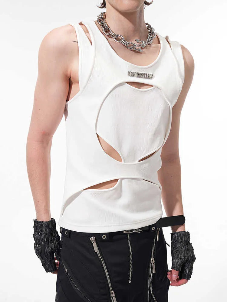 Men's black sleeveless vest with hollow white thread detailing showing loose fit and round neck design