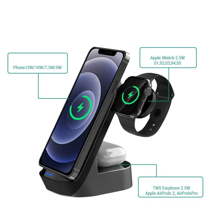 Black grey foldable 3-in-1 wireless charging stand with phone, headphone, and watch charging stations