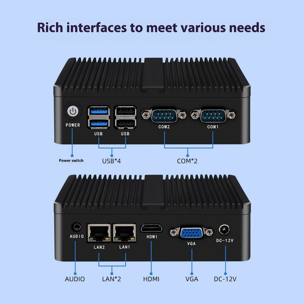 Industrial fanless mini PC microcomputer measuring 13.6 by 12.7 by 4 centimetres with dual network ports