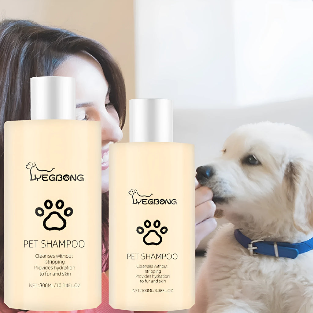 Bottle of mild dog shampoo for soft fur, showing 100ml and 300ml size options