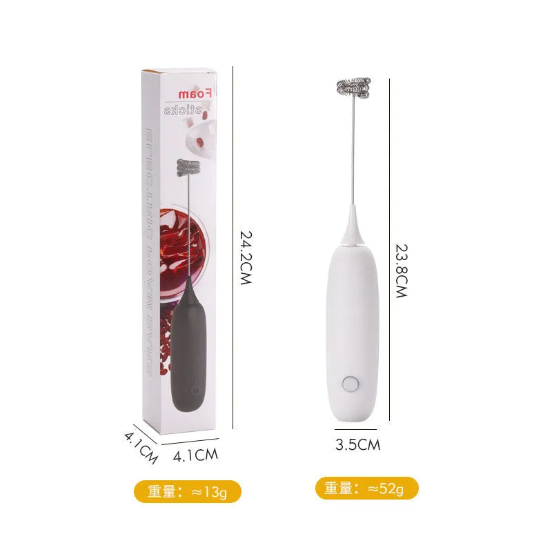 Hand-held electric milk frother in black and white colour options
