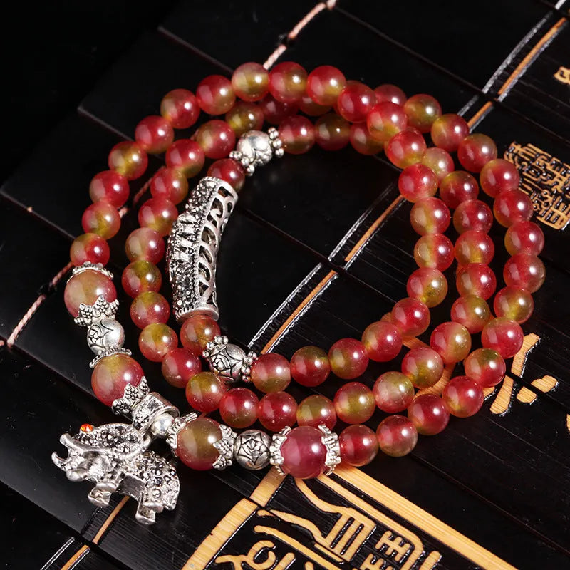 Handmade watermelon crystal bracelet with Chinese knot in geometric national style