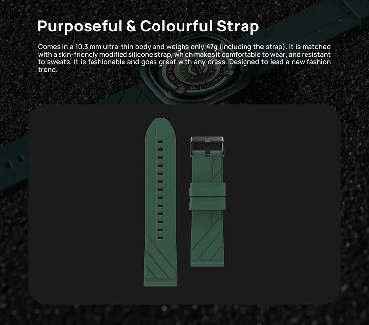 Black smart bracelet watch with 1.32-inch screen and silicone band on a wrist.