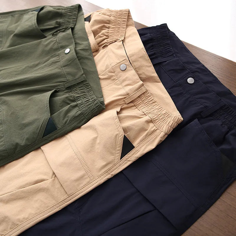 Men's summer cargo shorts with multi pockets in navy blue, khaki, or Army Green, sizes M to 5XL