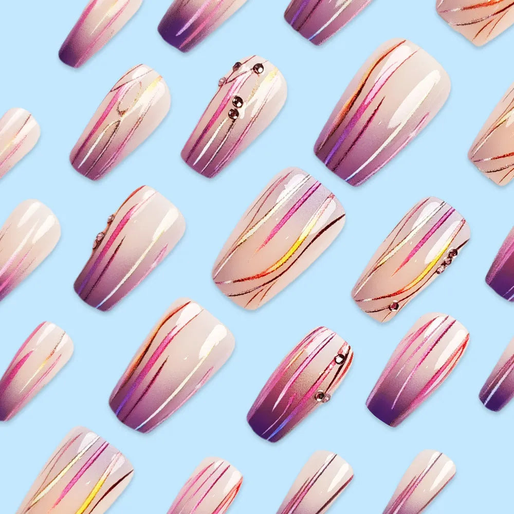 Magic purple line streamer gradient nail stickers with starry sky pattern and jelly glue adhesive