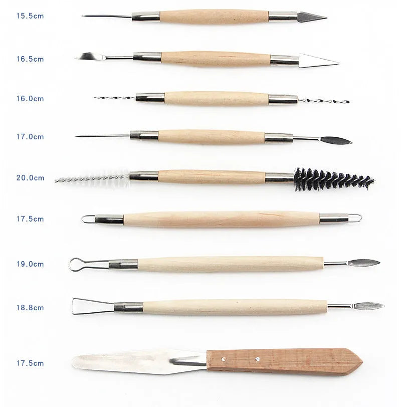Brown 27-piece pottery clay tool set with stainless steel blades and wooden handles for sculpting