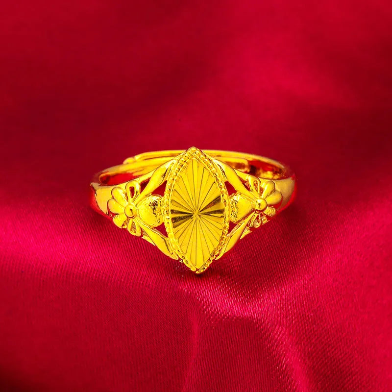 Girls' alluvial gold geometric ring with open diamond flower pattern and textured brass construction