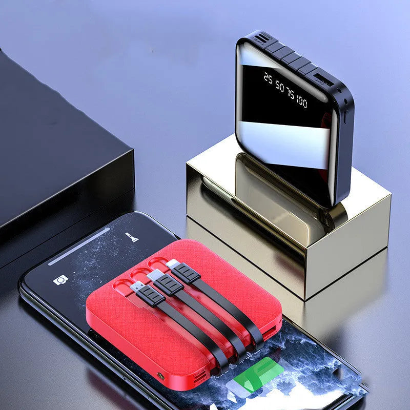 Black or red square mirror-finish power bank with integrated charging cable, 20000mAh capacity.