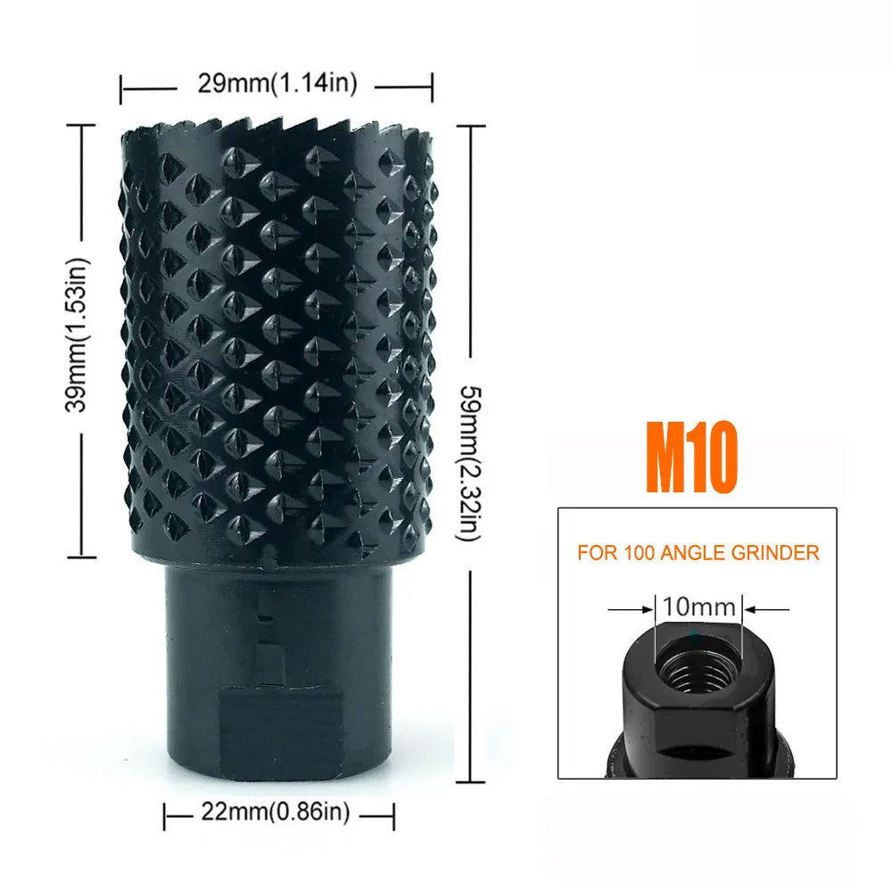 Angle grinder grinding head with spherical design and M10/M14 thread adapters for woodworking applications