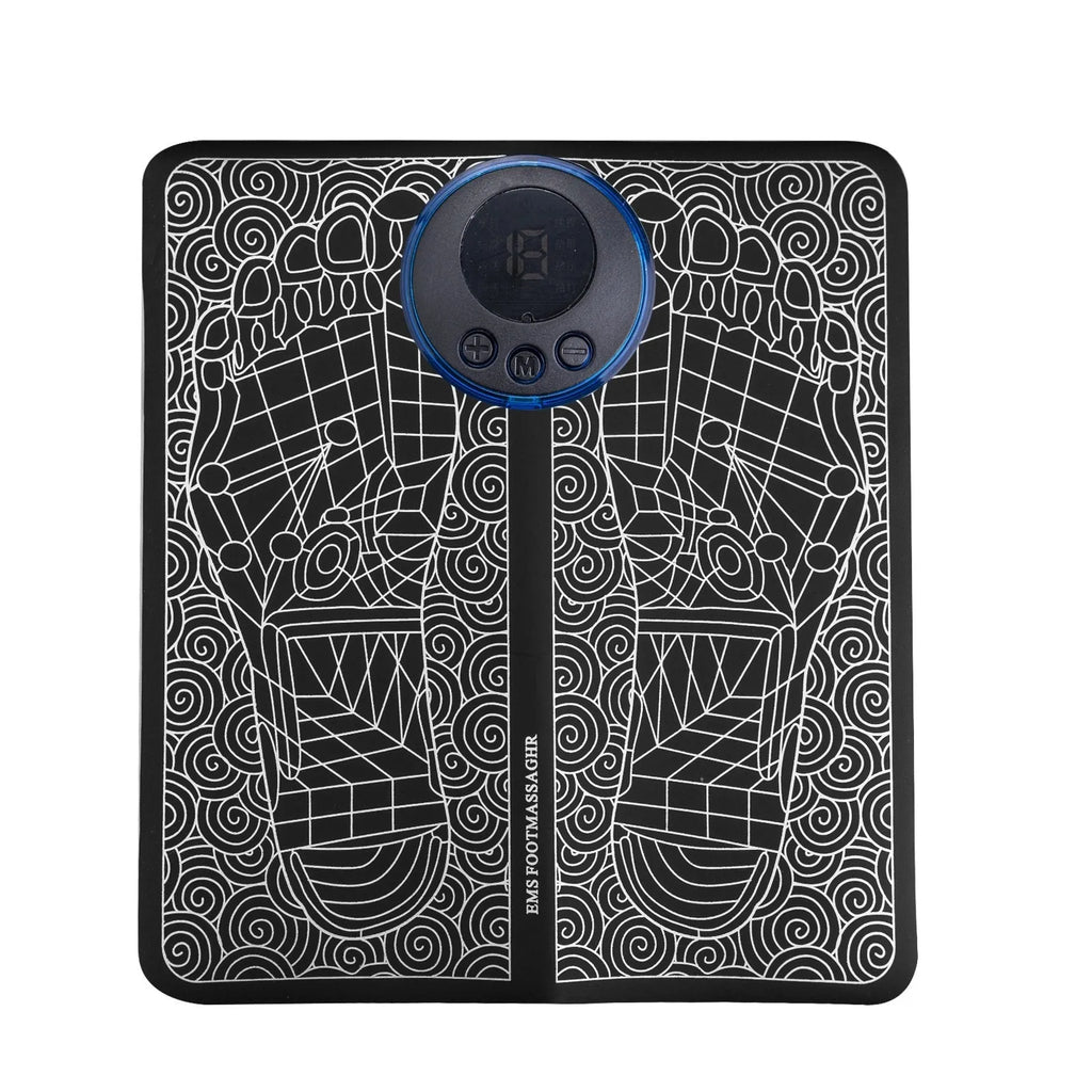 Leather foot massage cushion with remote control, LCD display showing massage modes and intensity levels