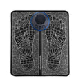 Leather foot massage cushion with remote control, LCD display showing massage modes and intensity levels