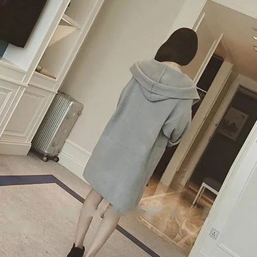 Plus size women's loose fit cotton coat with lace detail in grey, shown on a model.