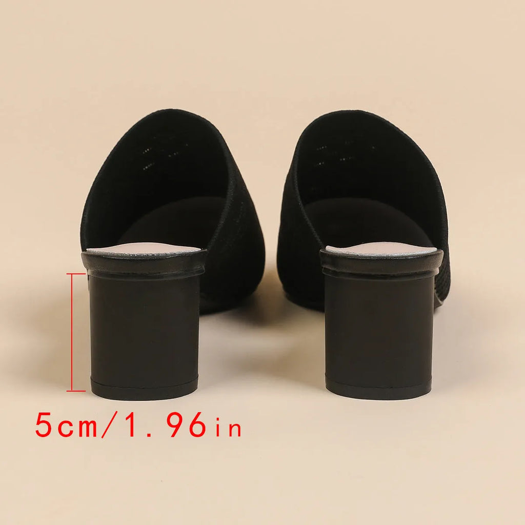 Women's pointed toe sandals with toe cap design, 5cm chunky heel, fabric upper in fishing line colours