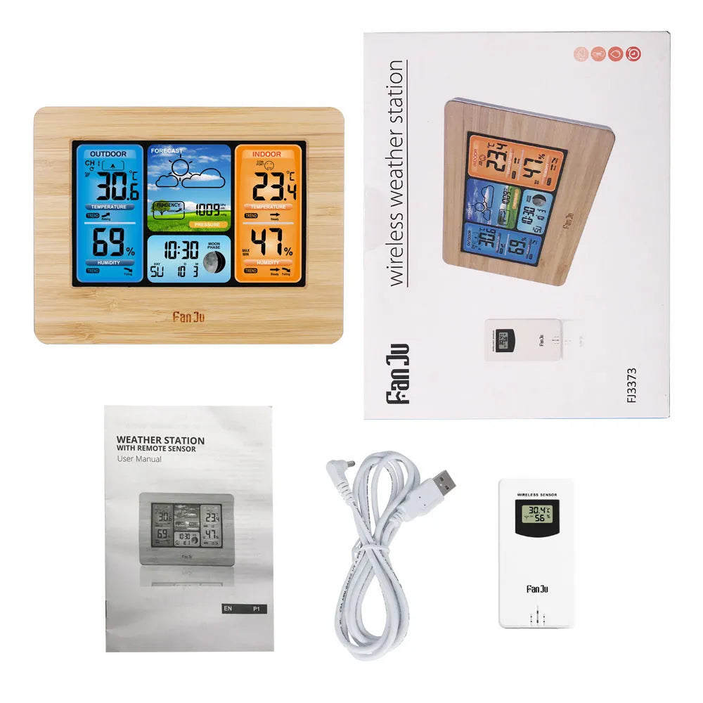 Digital weather station clock with LCD display showing temperature humidity and forecast in black plastic case