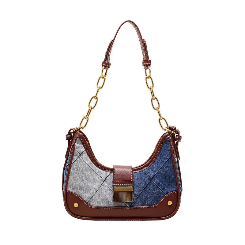 Brown denim women's shoulder bag with diamond mesh panel and chain strap detailing