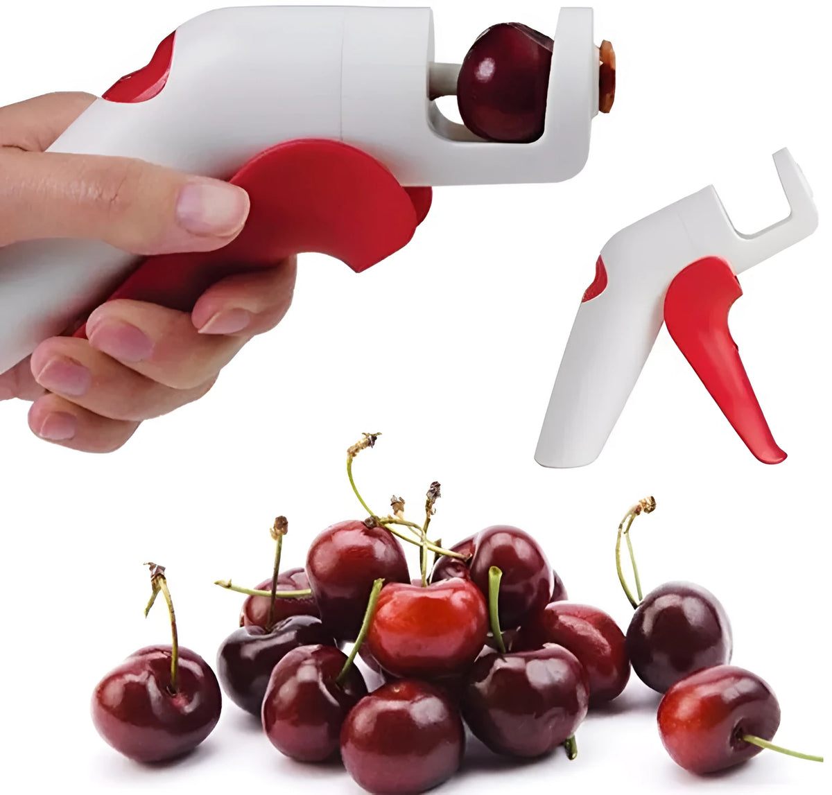 Stainless steel cherry kernel remover kitchen tool with red plunger and ergonomic handle.