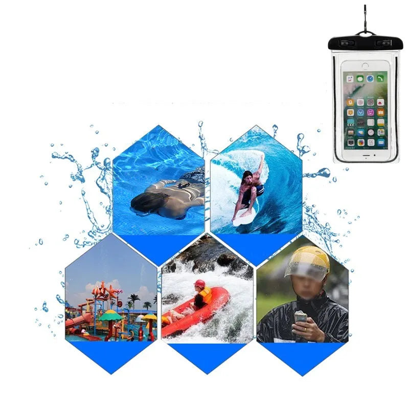Universal waterproof luminous touch screen phone case in eight colour options for outdoor sports